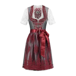 Tiroler Jurk Zilver/Bordeaux Rood -FeestKledij Winkel dirndl luxe silver wijnrood met schort 3