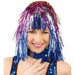 117. Pruik Lametta Rood Zilver Blauw